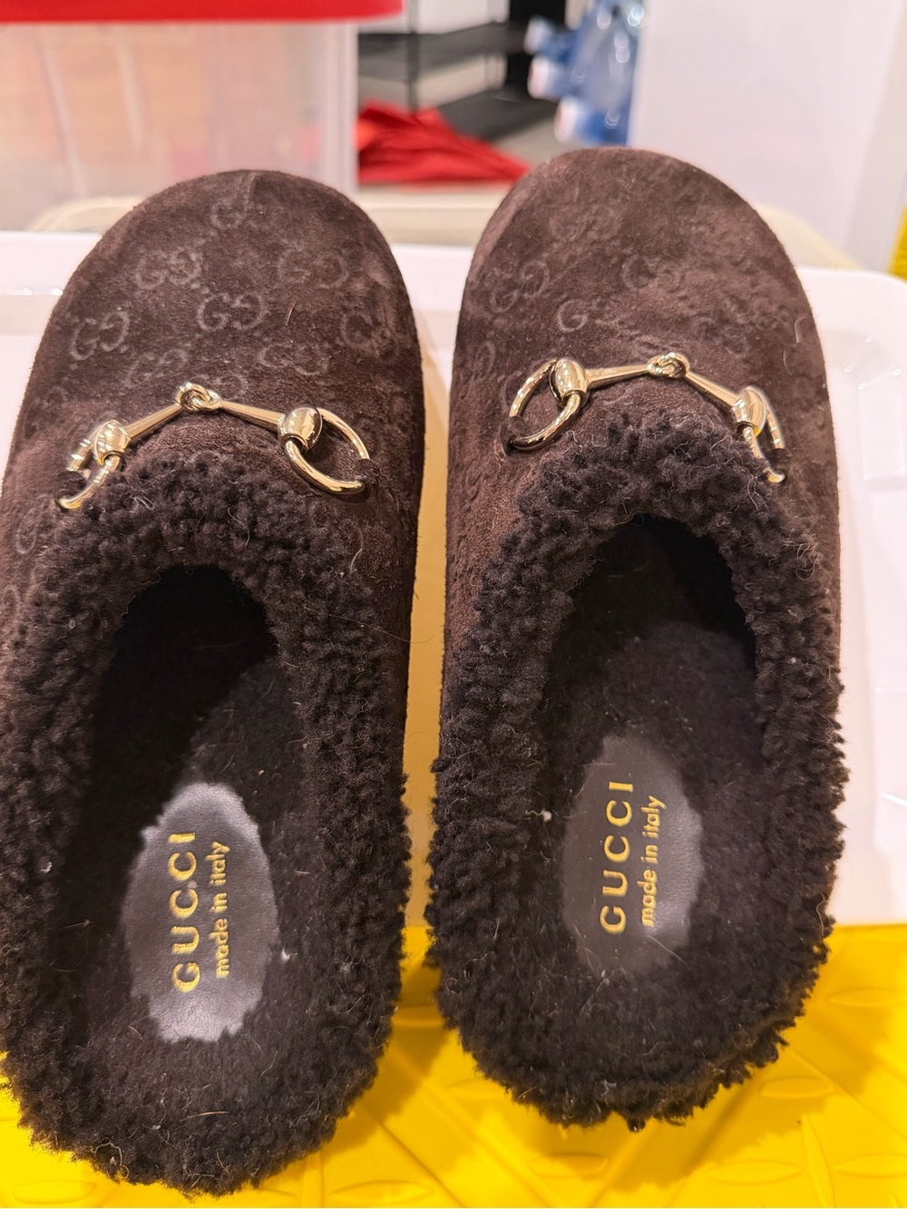 Gucci Dark Brown Suede Shearling Horsebit Slippers